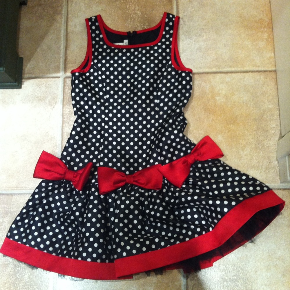 Bonnie Jean Black and White Polka Dot Dress with Red Bows